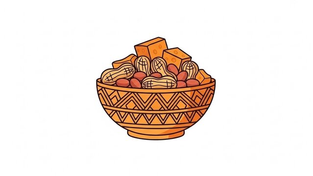 Minimalist vector art of festive bowl with peanuts and jaggery in warm orange tones for Lohri celebration, Indian festival theme icon design