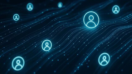 Abstract representation of digital connectivity, featuring glowing user icons against a flowing network background. - Powered by Adobe