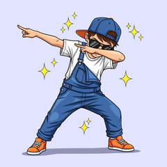 Cartoon Boy Dabbing with Style and Confidence in Overalls and Baseball Cap.