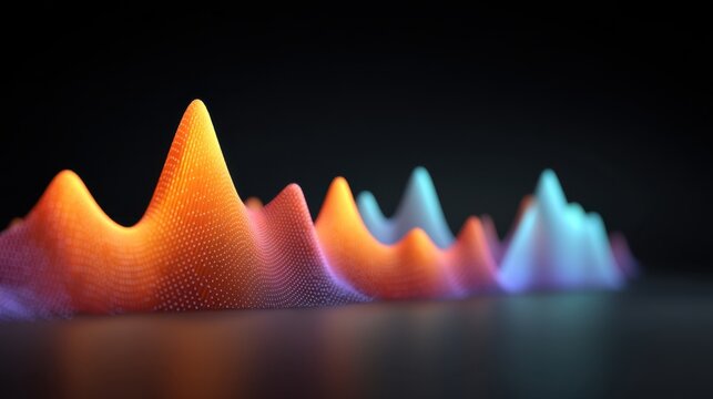 Abstract colorful waveforms in a modern digital design, showcasing 3D peaks and valleys, representing sound or data visualization with vibrant colors - Powered by Adobe