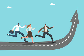 Teamwork to achieve business goals, teamwork intelligence or motivation for high results, team achievement of the highest peaks, career growth, colleagues run up the rising road.