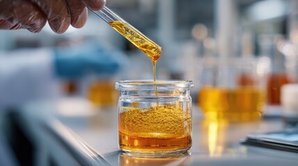 Scientist carefully mixing ecofriendly chemicals to develop a new glossy varnish with a sustainable and highshine finish in a bright laboratory setting.