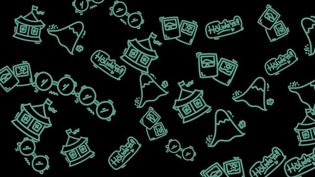 Seamless Camping and Outdoor Adventure Pattern with Hand-Drawn Icons on Black Background.