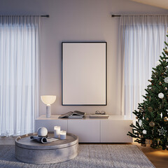 Modern Living Room Poster Frame Mockup with Natural Light and Minimalist Decoration. 3D render.