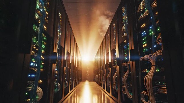 Rows of server racks in a data center corridor, glowing orange lights, and tangled cables toward end