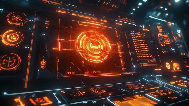 Futuristic spaceship cockpit screen displaying glowing holographic data interface
