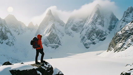 A solitary hiker stands on a snowy ridge, gazing at majestic snow-capped mountains under a bright sun