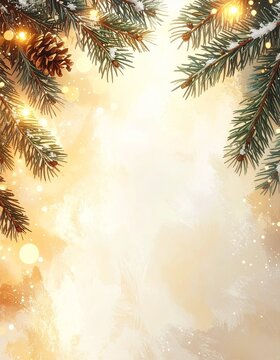 Fondo navide&ntilde;o elegante con bokeh dorado suave, ramas de pino difusas en los bordes