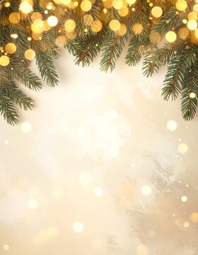 Fondo navide&ntilde;o elegante con bokeh dorado suave, ramas de pino difusas en los bordes