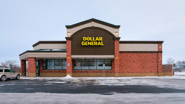 Utica, NY - Dec 9, 2025: Dollar General with a winter view, it is a U.S. discount retailer founded in 1939, operating over 19,000 stores nationwide with a focus on low-cost everyday essentials