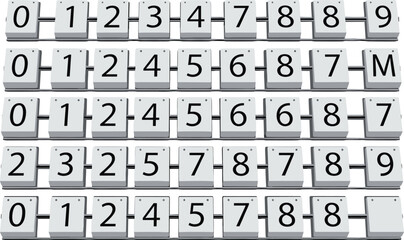 Mechanical flip number display set, retro counter digits, electromechanical scoreboard design, vintage numeric interface, flat vector illustration