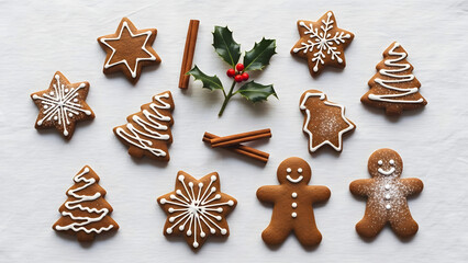 Festive Homemade Holiday Cookies and Spices Arranged on a White Surface