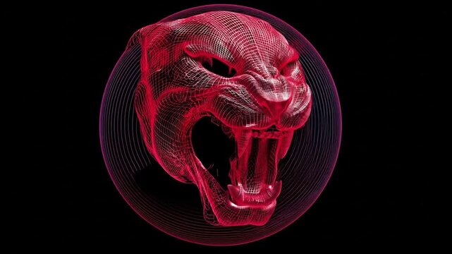 Red 3D model of a big cat's head in wireframe, emitting energy from its open jaws, a circle background
