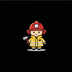 Cute Cartoon Firefighter Holding an Axe Ready to Help.