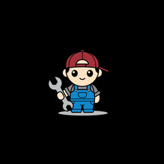 Fototapeta premium Cute Cartoon Mechanic Boy Holding a Wrench.