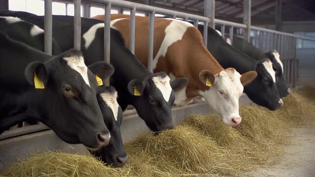 Diverse Cows Black White and Brown Holstein Dairy Cattle Eating Hay Inside a Modern Farm Barn with Metal Fencing in Natural Daylight