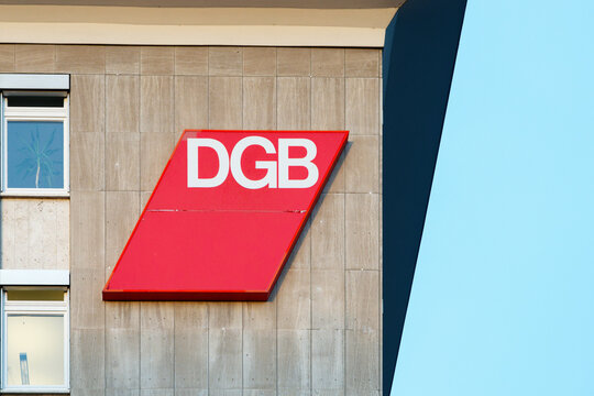 Cologne, Germany December 09 2025: Facade detail of the DGB (Deutscher Gewerkschaftsbund) head office building in Cologne, North Rhine-Westphalia, featuring the distinctive red and white logo