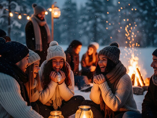 Group of friends enjoying a warm winter gathering around a bonfire, sharing laughter and joy in a snowy landscape