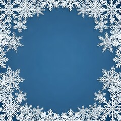 Intricate frost patterns form a delicate frame against a deep blue background