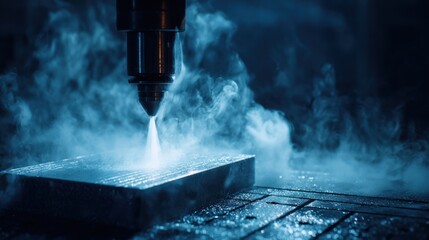 Closeup medium shot of lowenergy stamping machinery in action emphasizing energyefficient technology reducing carbon footprint in industrial processes.