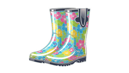 A pair of colorful floral rain boots, perfect for a rainy day. The boots are adorned with a vibrant floral pattern Isolated on a transparent background.