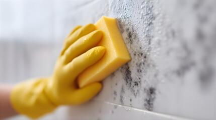 Woman in yellow glove scrubbing black mold from white tiled wall with sponge and soap foam. Concept of household cleaning and fungus removal.