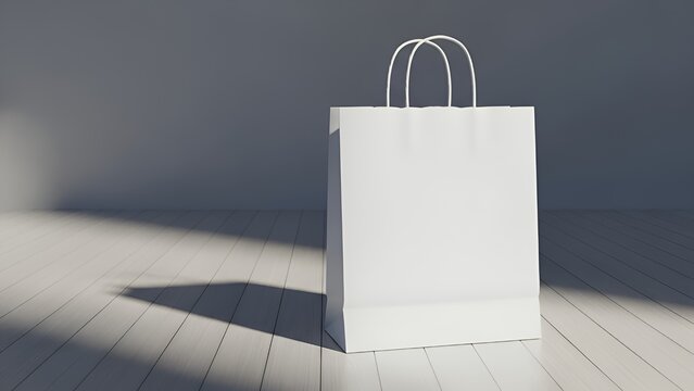 White Shopping Bag Standing on Wooden Floor with Shadow in Minimalist Room