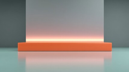 Obraz premium Minimalist Modern Display Space with Orange Bench and Soft Gradient Lighting in Contemporary Interior Design Setting