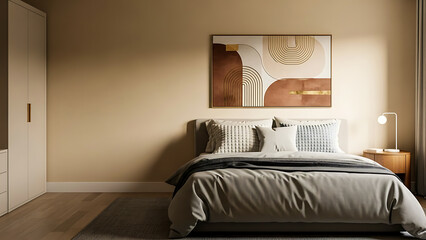Modern bedroom with abstract art neutral tones and soft lighting