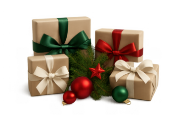 Christmas presents with kraft paper wrapping and red, green, cream ribbons. Pine needle branch with a star ornament and baubles. Transparent background