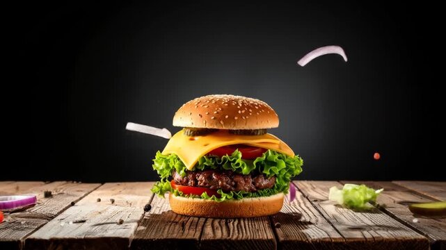 Deconstructed Burger: A Delicious Culinary Transformation on Rustic Wooden Surface, Food Photography