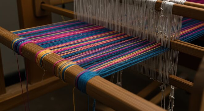 Close-up view showing colorful threads intersecting on the warp and weft beams of a traditional wooden loom, highlighting the texture and craft, ancient, manufacturing, hobbyist