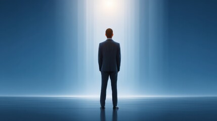 Man in Suit Standing Before Bright Light Beam in Abstract Space Representing Hope, Possibility, and New Beginnings for Business and Personal Growth