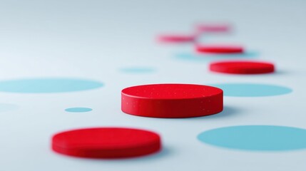 Abstract composition of red shapes on a light background with circular blue elements creating a modern artistic design for artistic or commercial use