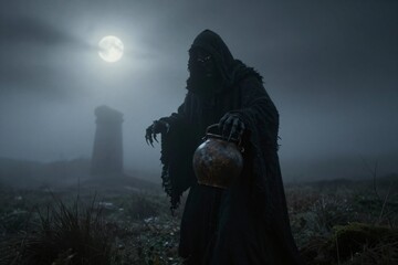 Mysterious hooded figure holding lantern in moonlit foggy landscape