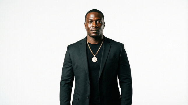 Commanding high-end portrait of a powerful bodyguard in pure white studio.