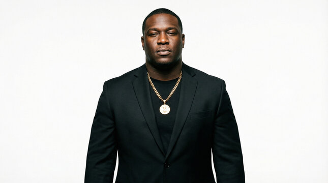 Commanding high-end portrait of a powerful bodyguard in pure white studio.