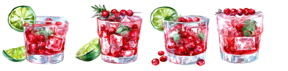 Christmas watercolor cranberry punch bowls