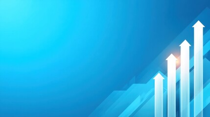 Abstract blue background with upward arrows symbolizing growth, progress, and success in business with light flare effects for presentations and designs