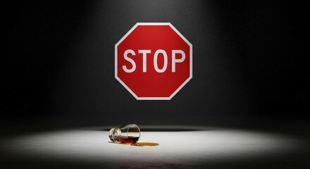 Bright red stop sign above an overturned drinking glass with dark liquid spilled on a clean floor, symbolizing a period of abstinence and sober living.