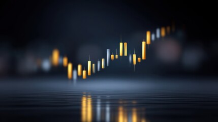 Abstract financial graph with glowing candlestick patterns showing upward trend on dark reflective surface with blurred background of city lights