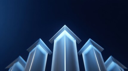 Abstract upward arrows reaching for the sky, symbolizing progress, success, growth, and ambition in a modern digital world with blue lighting effects
