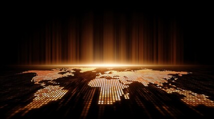 Abstract representation of a glowing world map with illuminated dots and dark background creating a futuristic and stylish atmosphere
