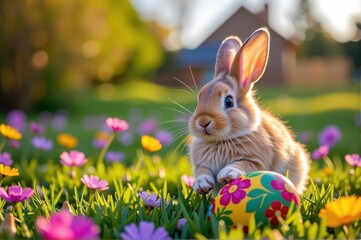 Fototapeta premium A fluffy bunny hops through a sun-drenched meadow, uncovering a vibrantly painted egg at dawn, rabbit, wildlife