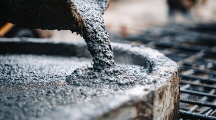 Closeup of concrete pouring process creating a robust base for metal press foundation highlighting smooth surface finishing
