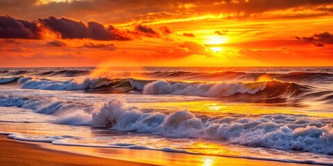 Rolling waves with a fiery orange glow on the beach at sunset, ocean, scenery,  ocean, scenery,beach, flames, waves crash, shore , fire