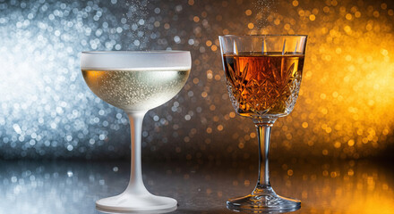 two vintage cocktail glasses with champagne and cognac on a contrasting silver and gold bokeh background