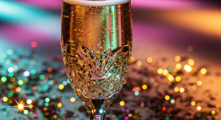 sparkling champagne in a crystal flute with colorful festive bokeh