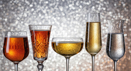 row of different champagne and wine glasses on sparkling silver bokeh background for holiday party celebration