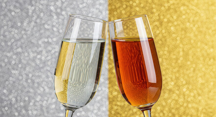 two champagne glasses toasting with contrasting white and red wine on a split silver and gold bokeh background
